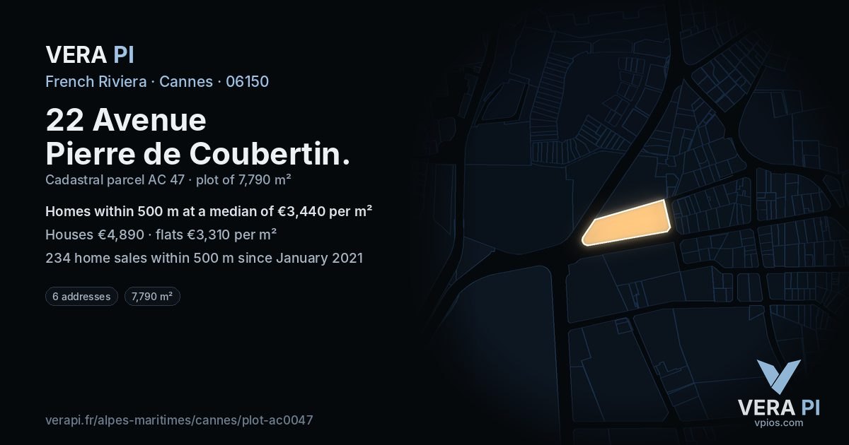 22 Avenue Pierre de Coubertin, Cannes at night – the plot lit, the parcels around coloured by the prices near them