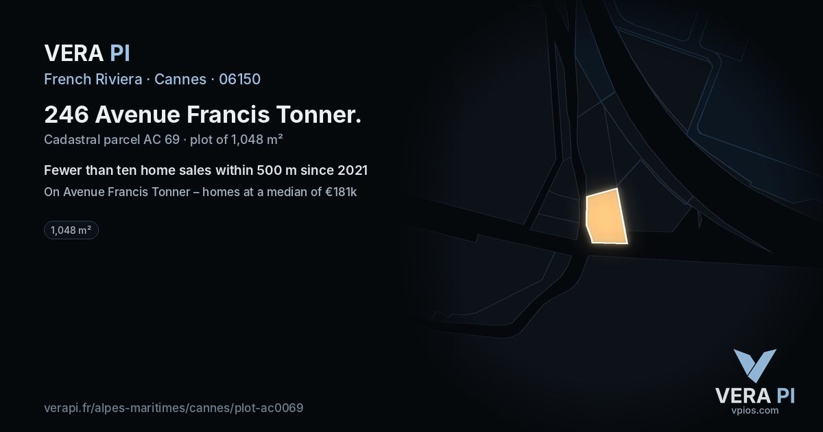 246 Avenue Francis Tonner, Cannes at night – the plot lit, the parcels around coloured by the prices near them