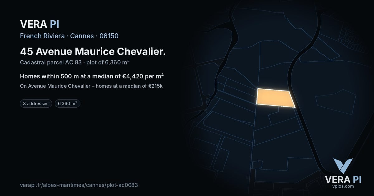 45 Avenue Maurice Chevalier, Cannes at night – the plot lit, the parcels around coloured by the prices near them