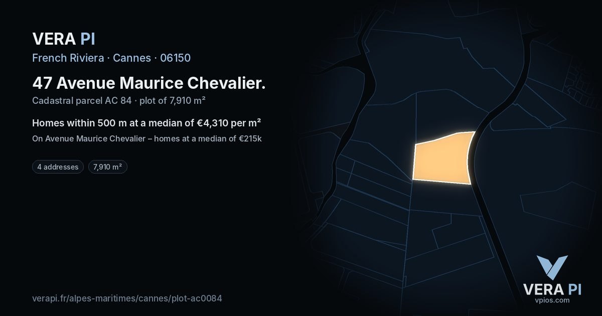 47 Avenue Maurice Chevalier, Cannes at night – the plot lit, the parcels around coloured by the prices near them