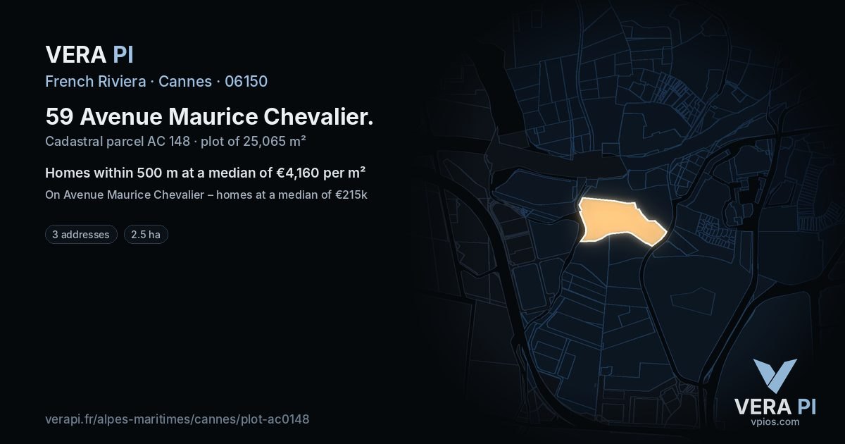59 Avenue Maurice Chevalier, Cannes at night – the plot lit, the parcels around coloured by the prices near them