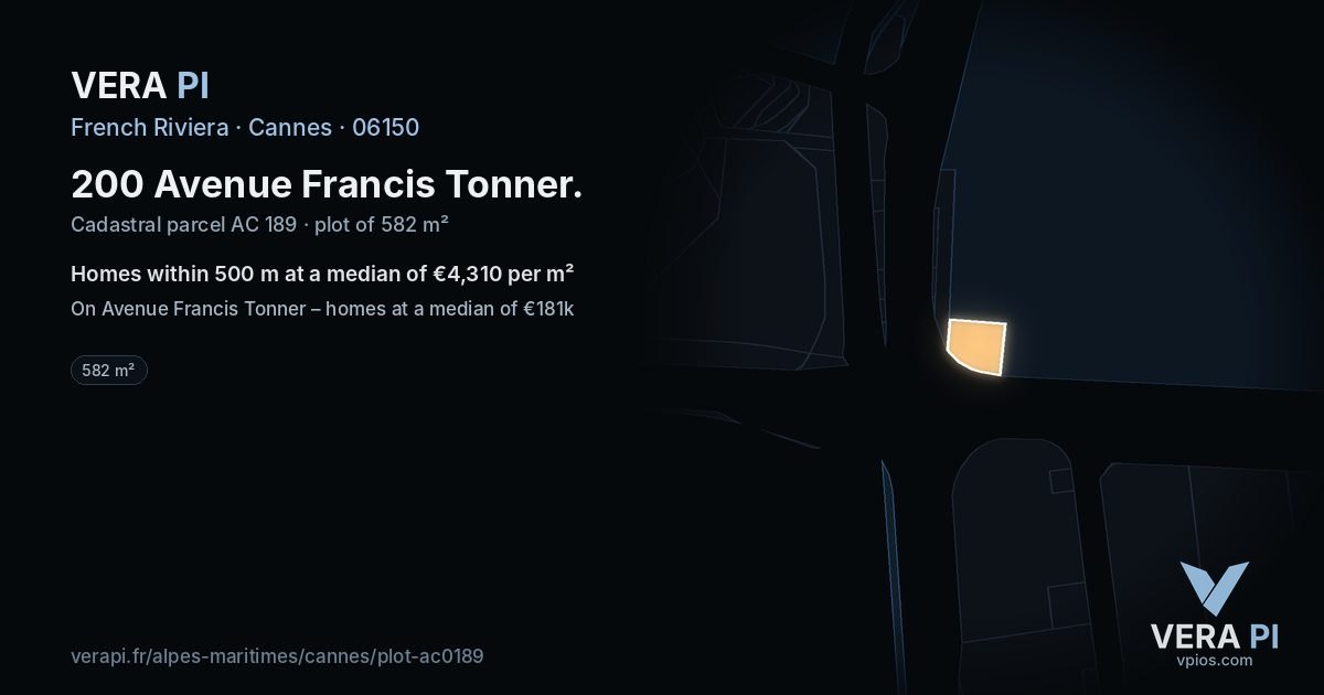 200 Avenue Francis Tonner, Cannes at night – the plot lit, the parcels around coloured by the prices near them