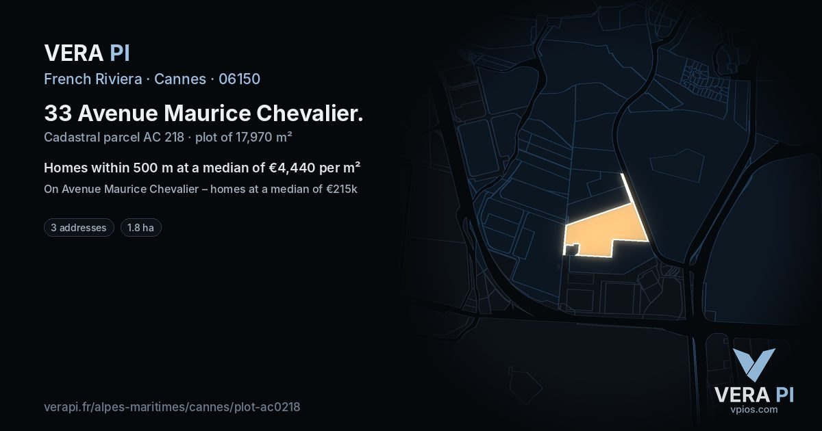 33 Avenue Maurice Chevalier, Cannes at night – the plot lit, the parcels around coloured by the prices near them
