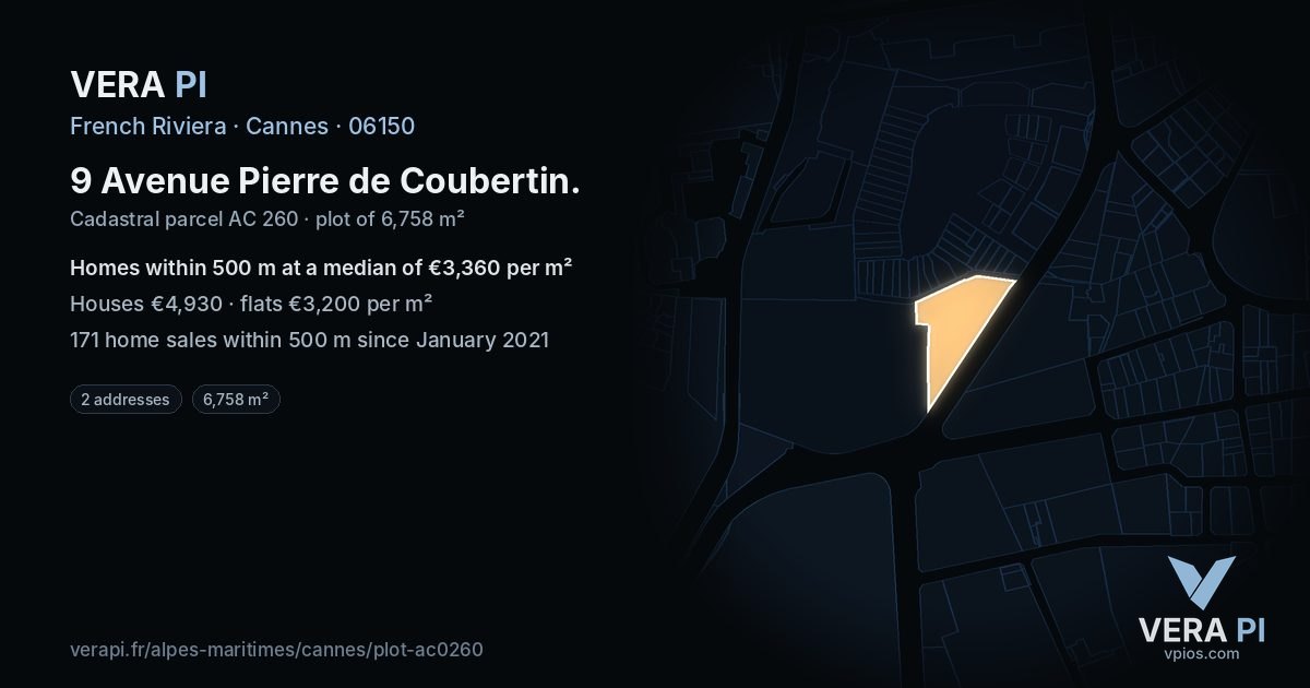 9 Avenue Pierre de Coubertin, Cannes at night – the plot lit, the parcels around coloured by the prices near them