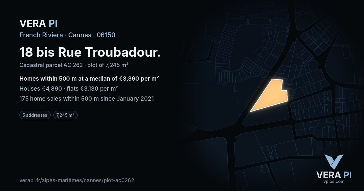 18 bis Rue Troubadour, Cannes at night – the plot lit, the parcels around coloured by the prices near them