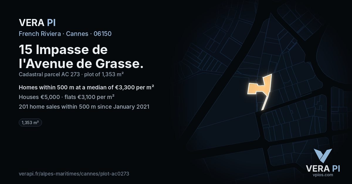 15 Impasse de l'Avenue de Grasse, Cannes at night – the plot lit, the parcels around coloured by the prices near them