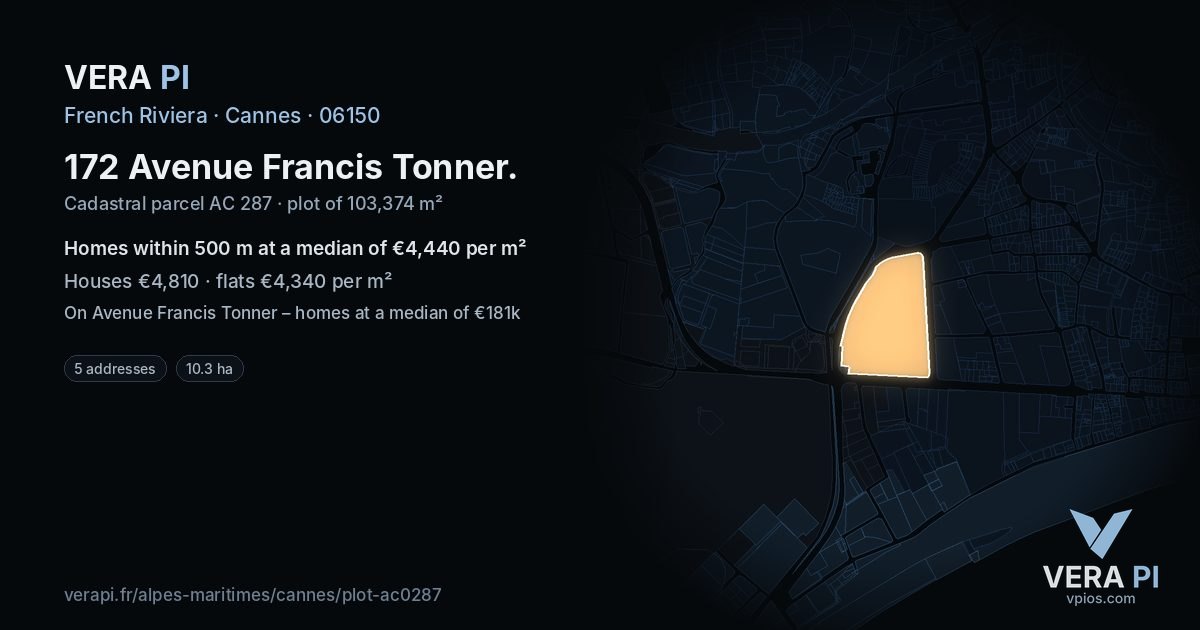 172 Avenue Francis Tonner, Cannes at night – the plot lit, the parcels around coloured by the prices near them