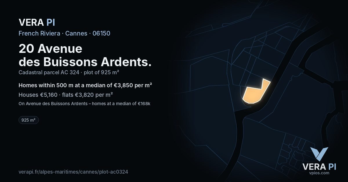 20 Avenue des Buissons Ardents, Cannes at night – the plot lit, the parcels around coloured by the prices near them