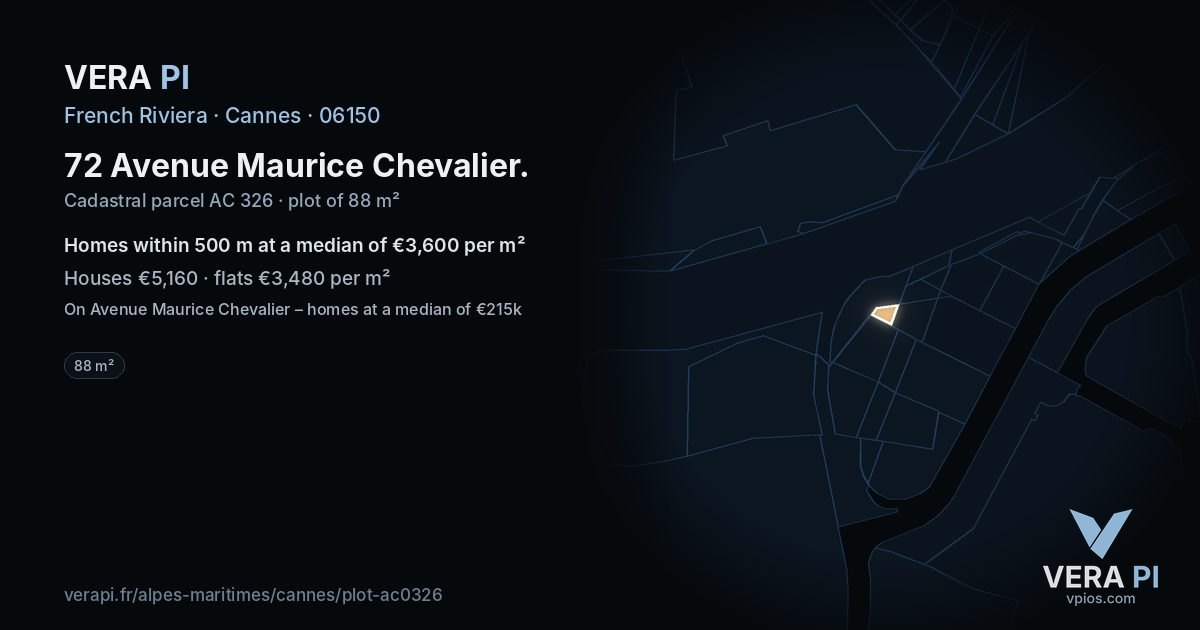 72 Avenue Maurice Chevalier, Cannes at night – the plot lit, the parcels around coloured by the prices near them