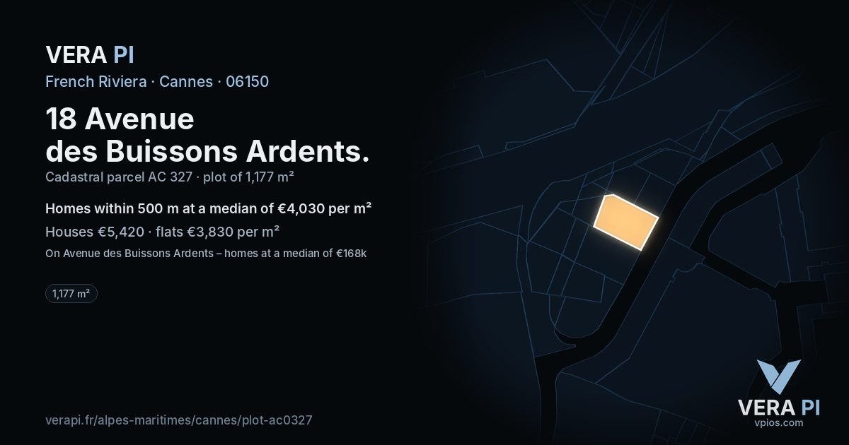 18 Avenue des Buissons Ardents, Cannes at night – the plot lit, the parcels around coloured by the prices near them
