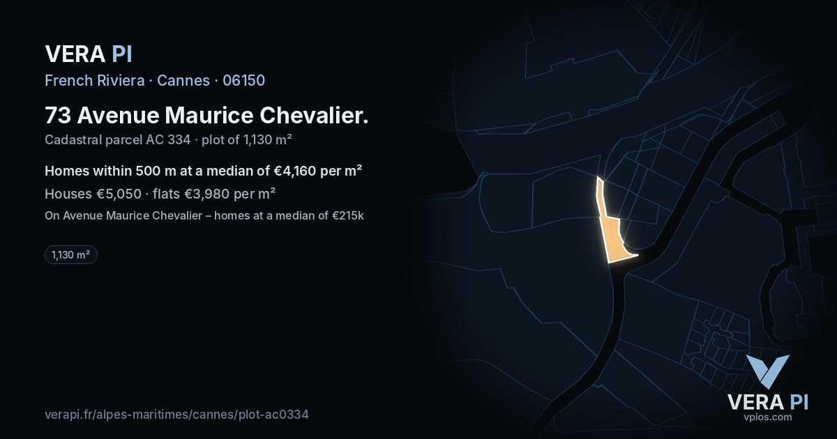73 Avenue Maurice Chevalier, Cannes at night – the plot lit, the parcels around coloured by the prices near them