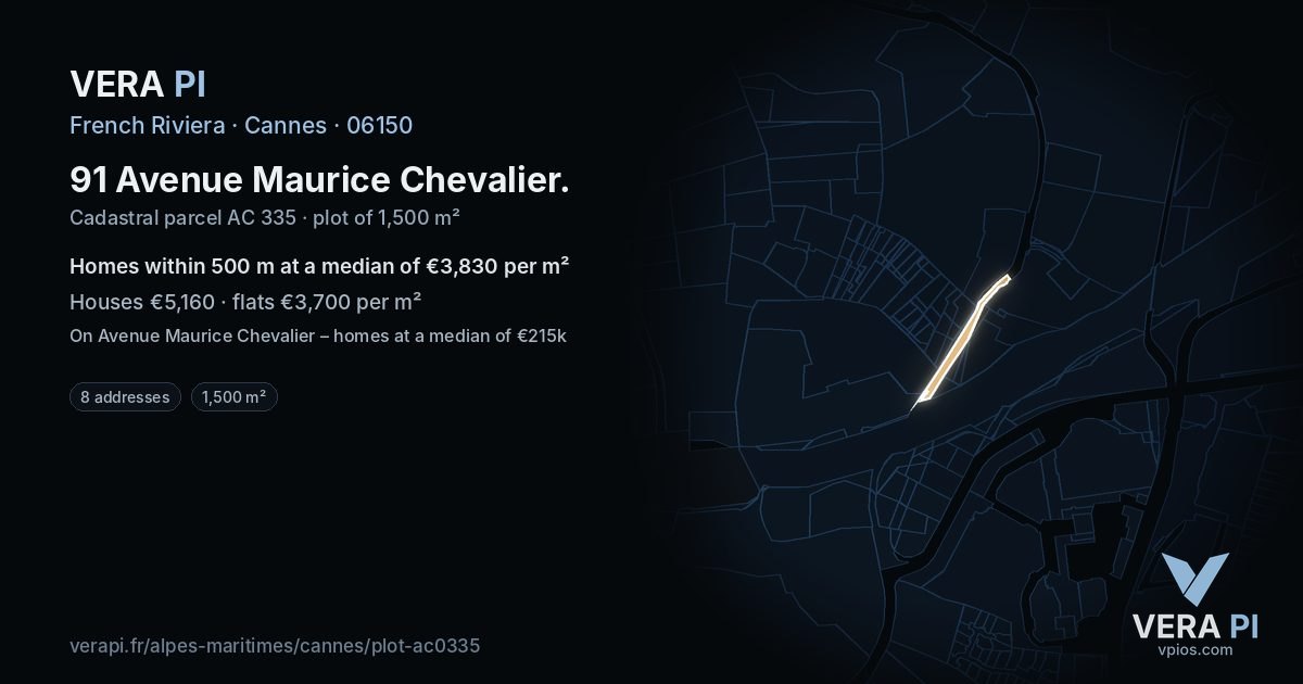 91 Avenue Maurice Chevalier, Cannes at night – the plot lit, the parcels around coloured by the prices near them