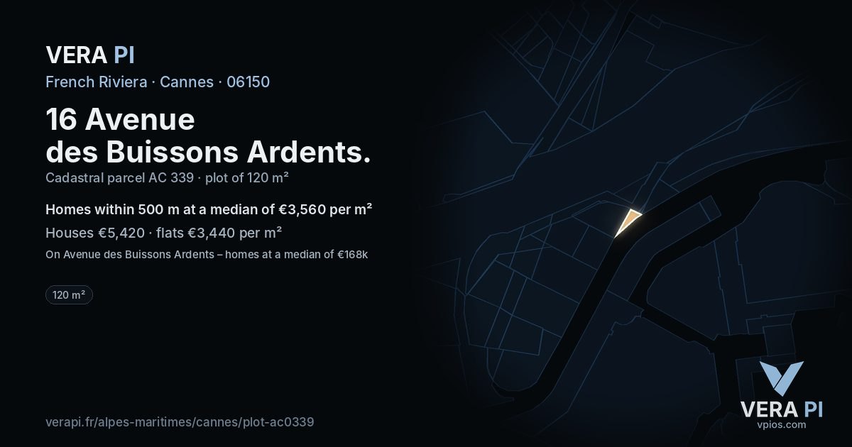 16 Avenue des Buissons Ardents, Cannes at night – the plot lit, the parcels around coloured by the prices near them