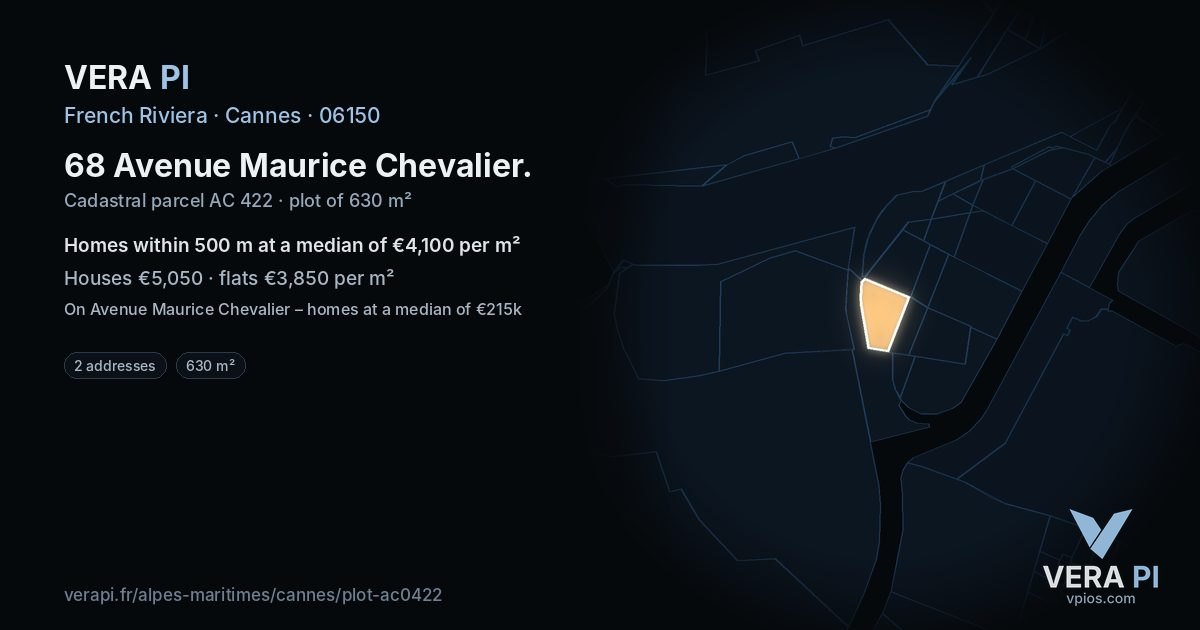 68 Avenue Maurice Chevalier, Cannes at night – the plot lit, the parcels around coloured by the prices near them