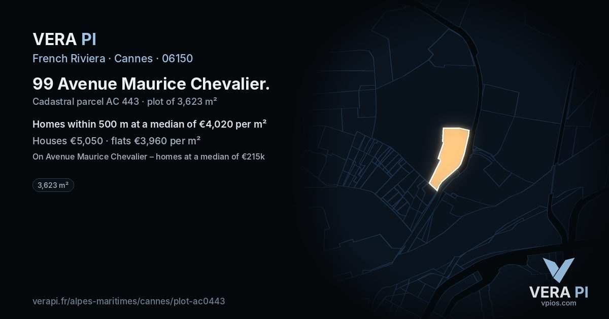 99 Avenue Maurice Chevalier, Cannes at night – the plot lit, the parcels around coloured by the prices near them