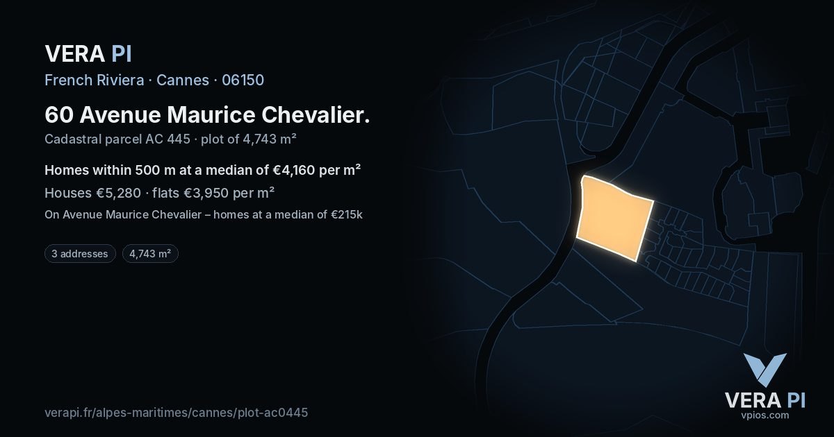 60 Avenue Maurice Chevalier, Cannes at night – the plot lit, the parcels around coloured by the prices near them