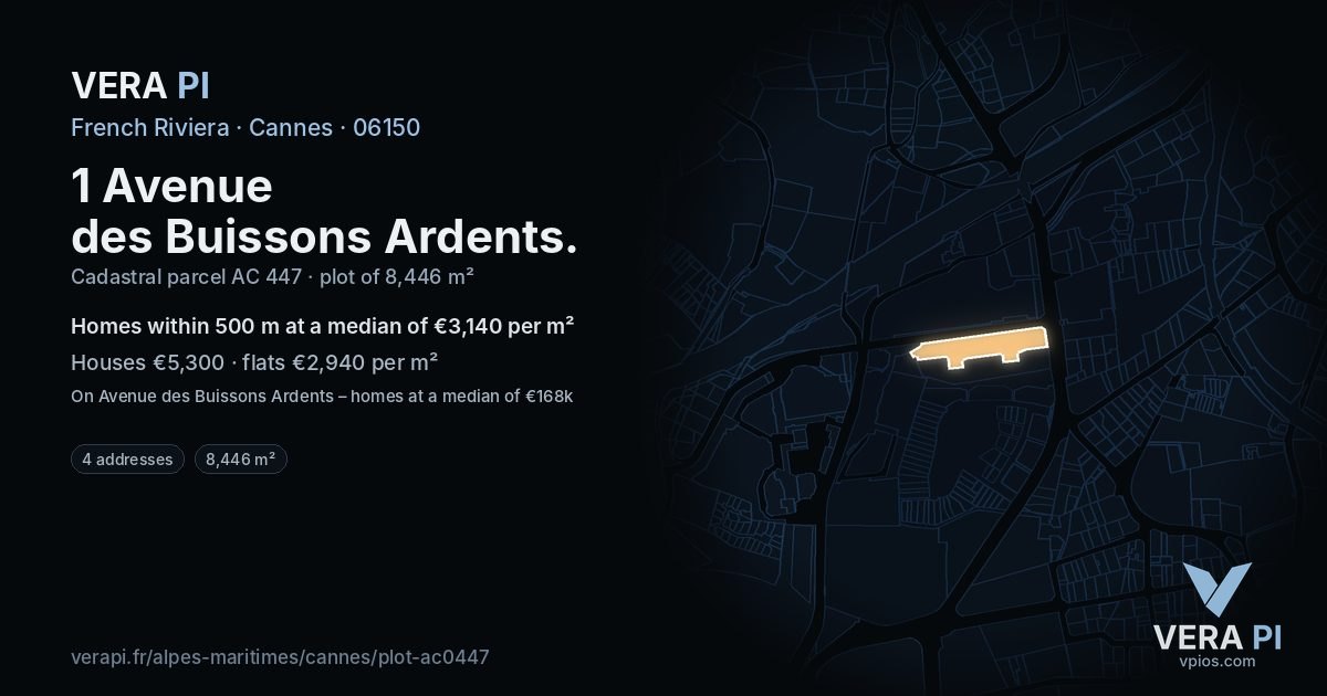1 Avenue des Buissons Ardents, Cannes at night – the plot lit, the parcels around coloured by the prices near them