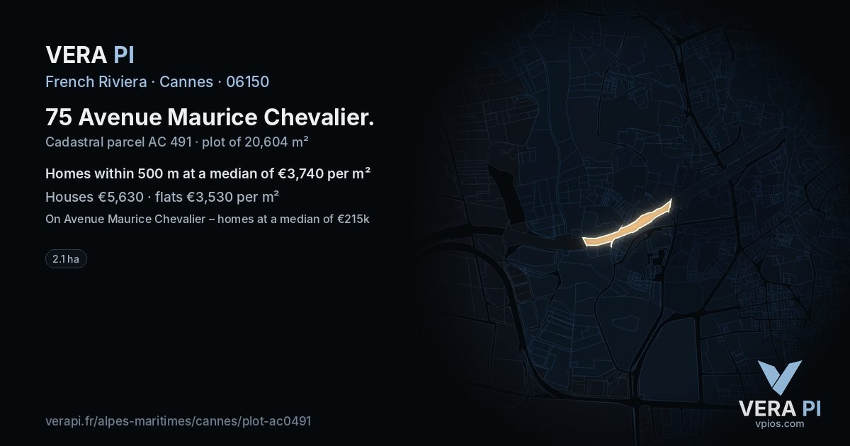 75 Avenue Maurice Chevalier, Cannes at night – the plot lit, the parcels around coloured by the prices near them