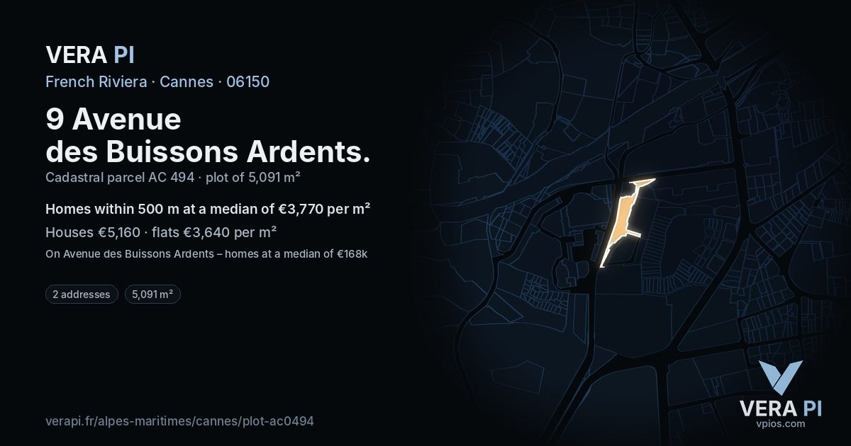 9 Avenue des Buissons Ardents, Cannes at night – the plot lit, the parcels around coloured by the prices near them