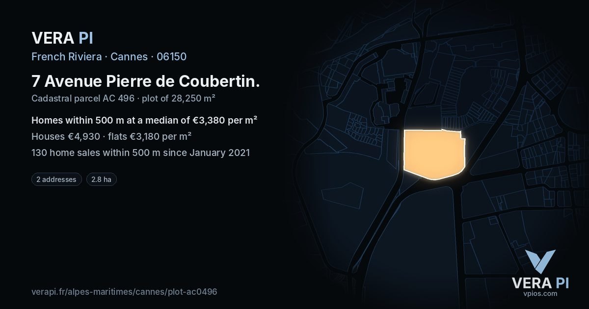 7 Avenue Pierre de Coubertin, Cannes at night – the plot lit, the parcels around coloured by the prices near them