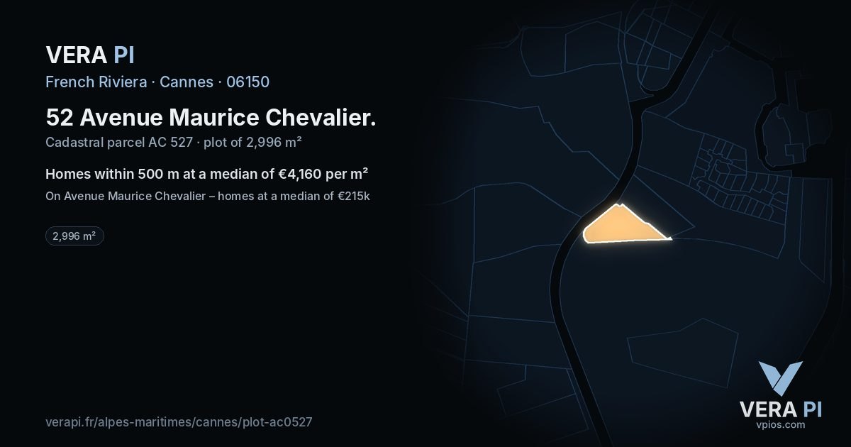 52 Avenue Maurice Chevalier, Cannes at night – the plot lit, the parcels around coloured by the prices near them