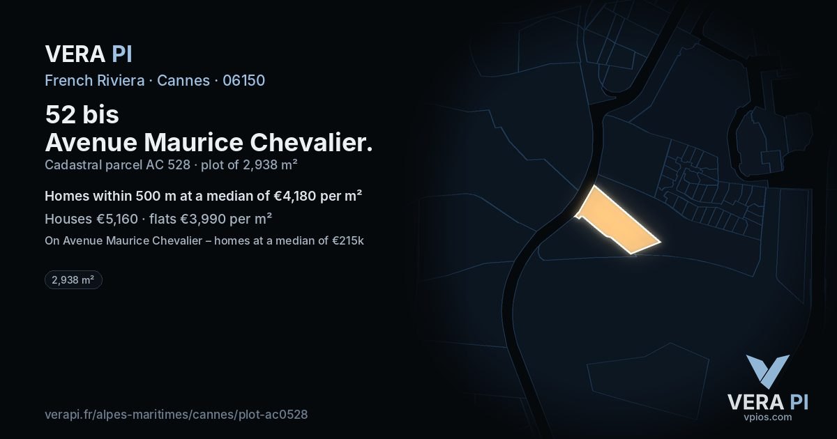 52 bis Avenue Maurice Chevalier, Cannes at night – the plot lit, the parcels around coloured by the prices near them