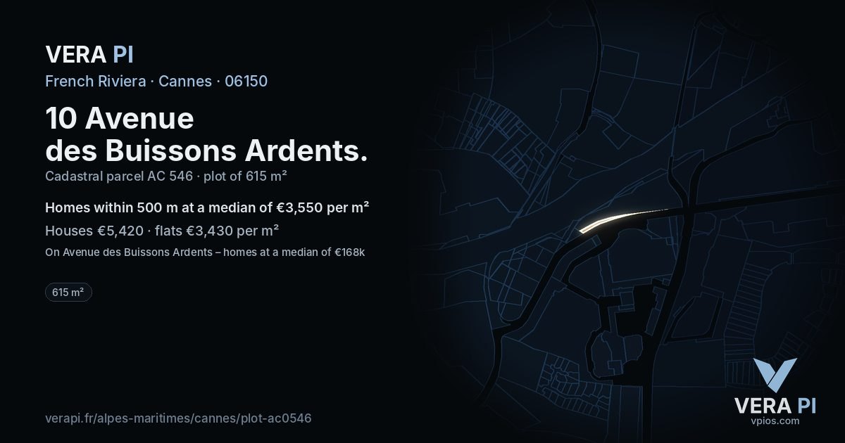 10 Avenue des Buissons Ardents, Cannes at night – the plot lit, the parcels around coloured by the prices near them