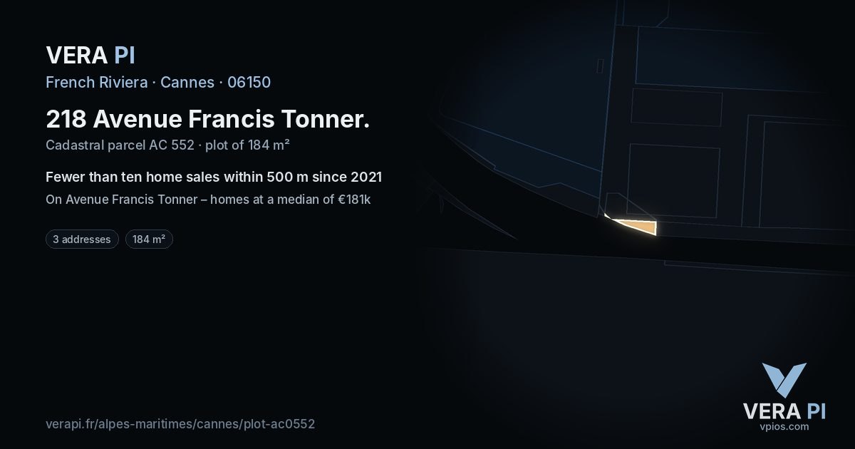 218 Avenue Francis Tonner, Cannes at night – the plot lit, the parcels around coloured by the prices near them