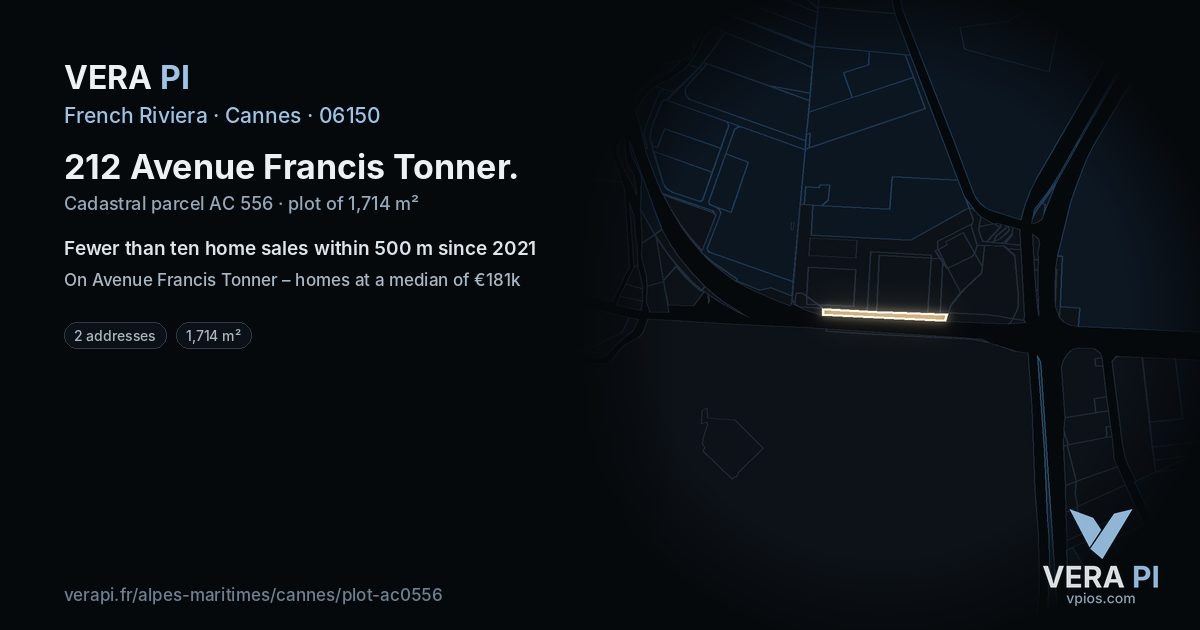 212 Avenue Francis Tonner, Cannes at night – the plot lit, the parcels around coloured by the prices near them
