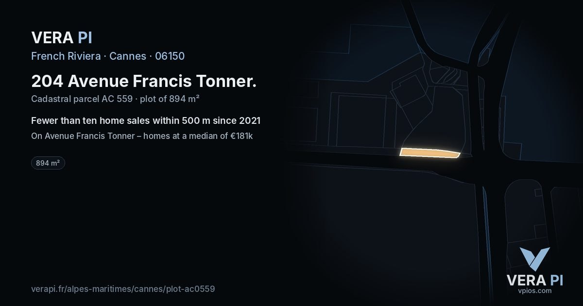 204 Avenue Francis Tonner, Cannes at night – the plot lit, the parcels around coloured by the prices near them