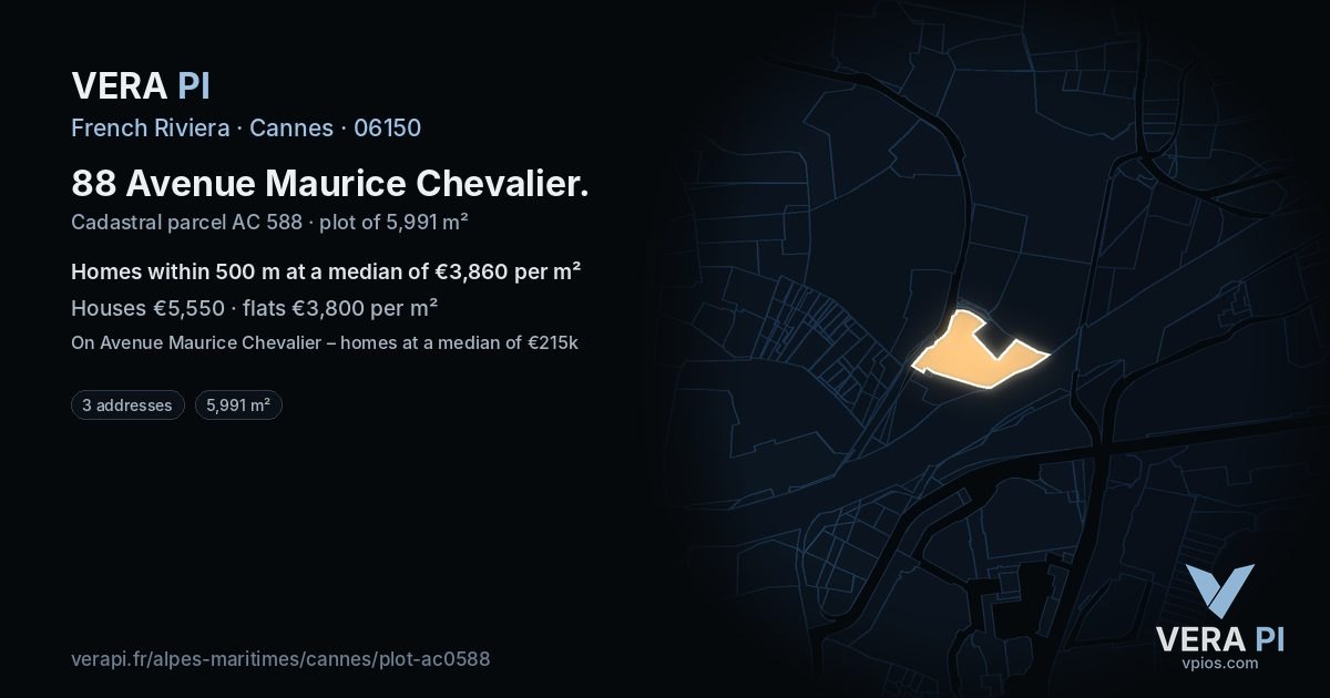 88 Avenue Maurice Chevalier, Cannes at night – the plot lit, the parcels around coloured by the prices near them