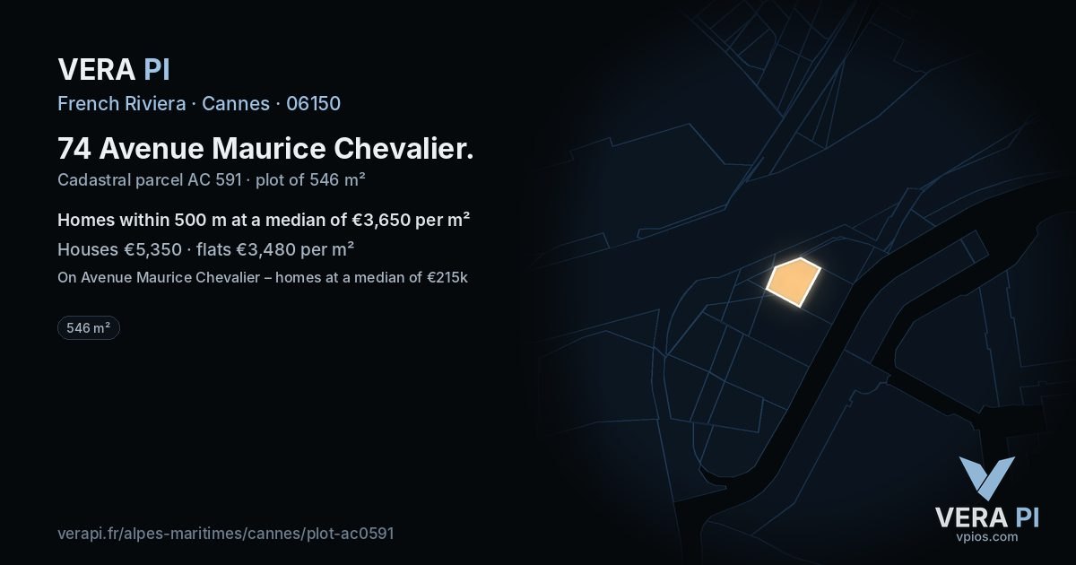 74 Avenue Maurice Chevalier, Cannes at night – the plot lit, the parcels around coloured by the prices near them