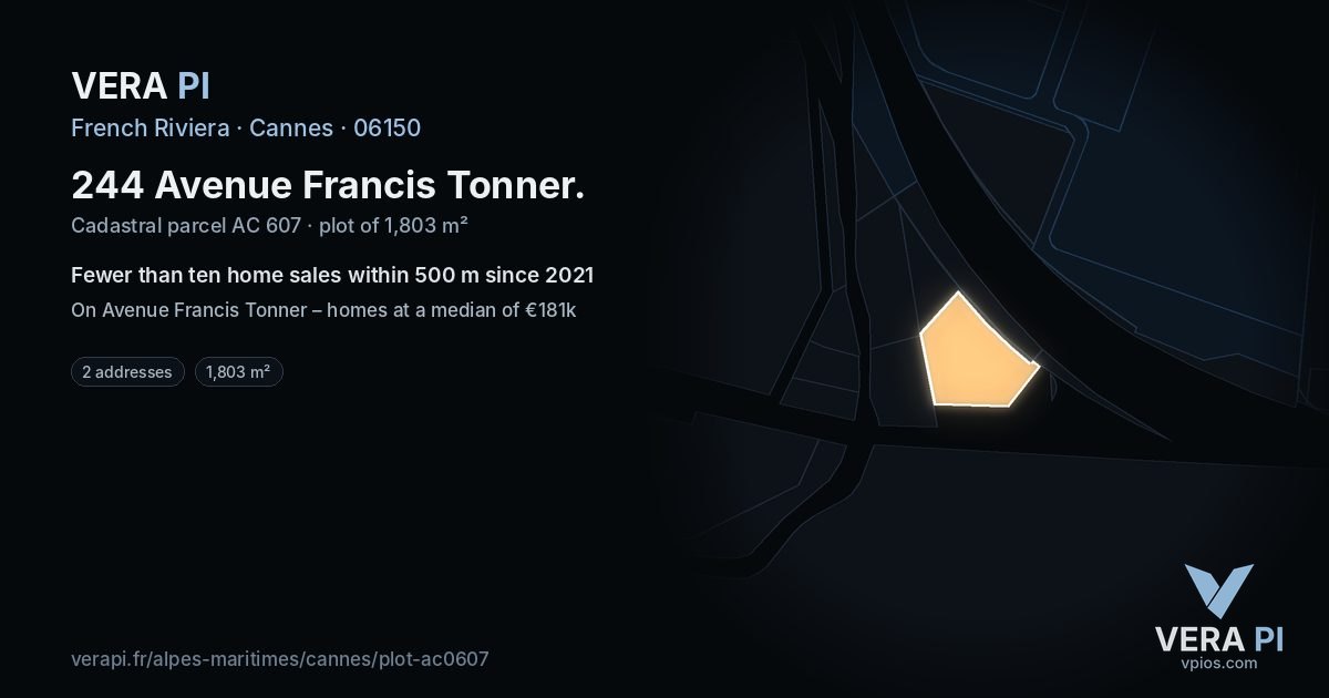 244 Avenue Francis Tonner, Cannes at night – the plot lit, the parcels around coloured by the prices near them