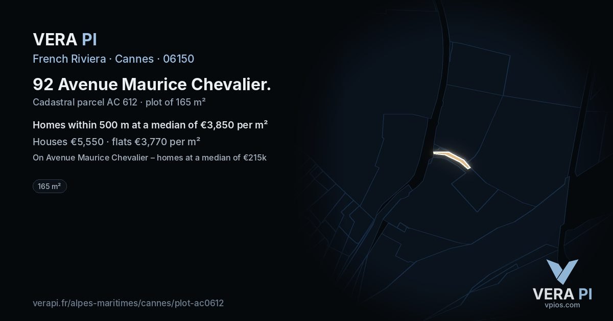92 Avenue Maurice Chevalier, Cannes at night – the plot lit, the parcels around coloured by the prices near them