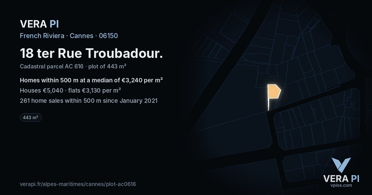 18 ter Rue Troubadour, Cannes at night – the plot lit, the parcels around coloured by the prices near them