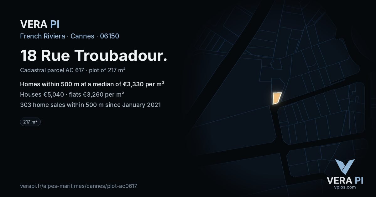 18 Rue Troubadour, Cannes at night – the plot lit, the parcels around coloured by the prices near them