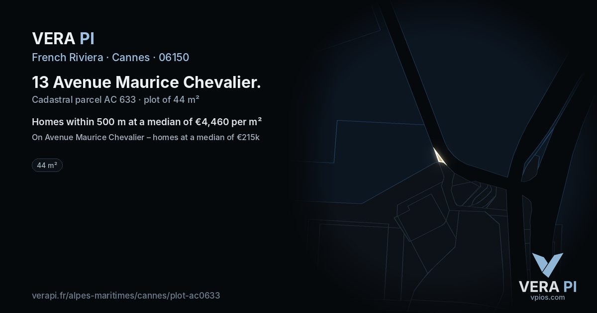 13 Avenue Maurice Chevalier, Cannes at night – the plot lit, the parcels around coloured by the prices near them