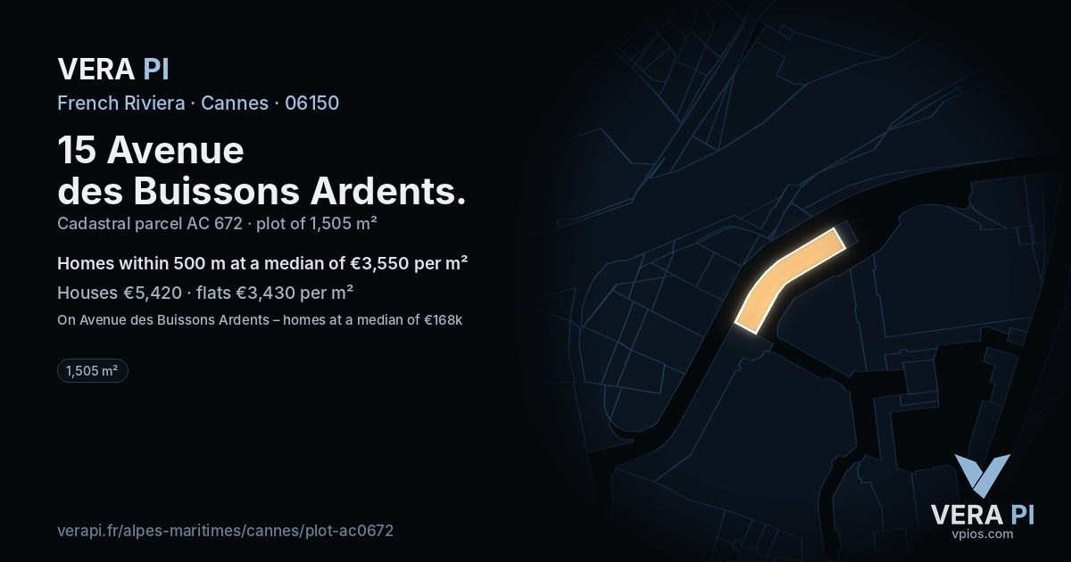 15 Avenue des Buissons Ardents, Cannes at night – the plot lit, the parcels around coloured by the prices near them