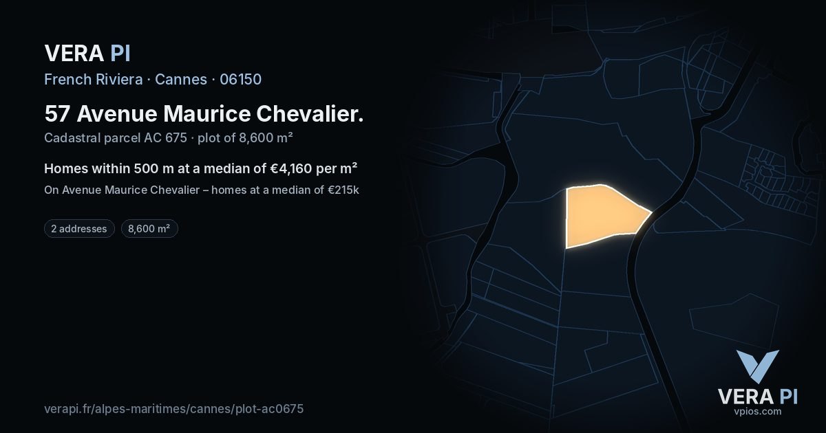 57 Avenue Maurice Chevalier, Cannes at night – the plot lit, the parcels around coloured by the prices near them