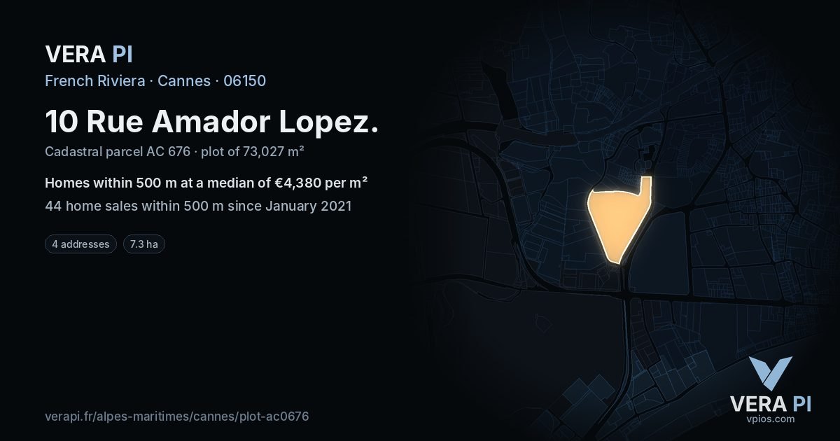 10 Rue Amador Lopez, Cannes at night – the plot lit, the parcels around coloured by the prices near them