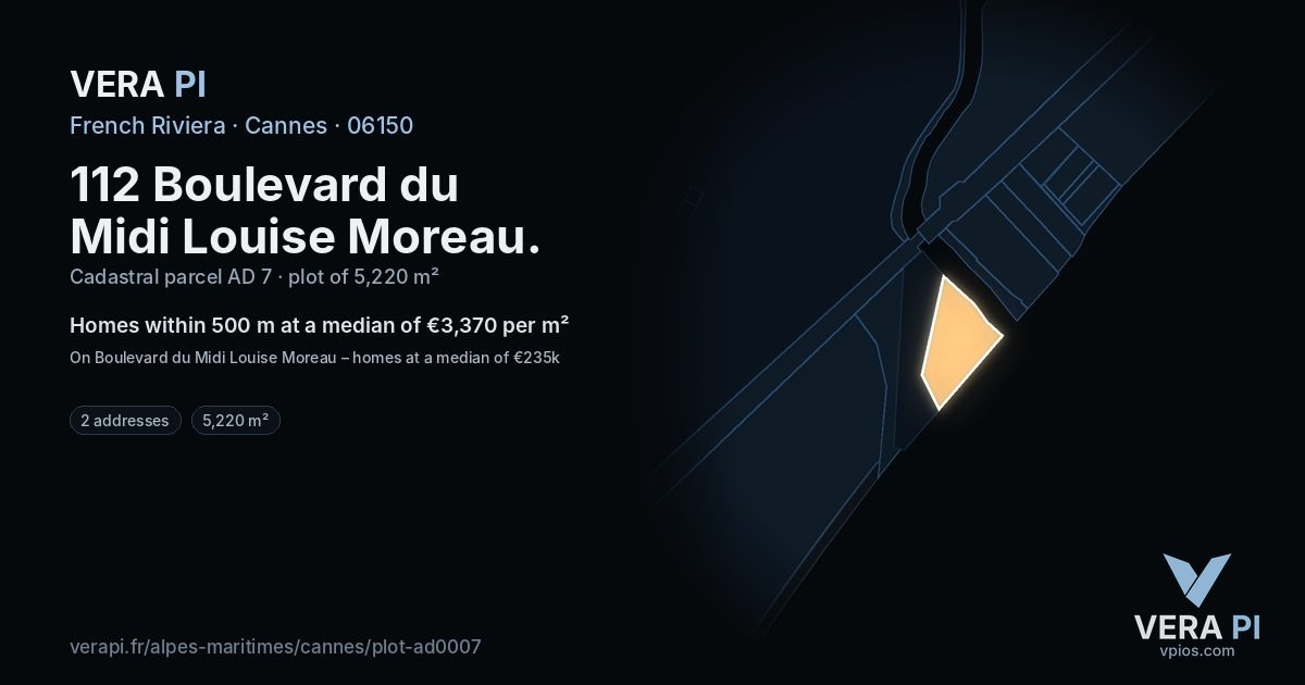 112 Boulevard du Midi Louise Moreau, Cannes at night – the plot lit, the parcels around coloured by the prices near them