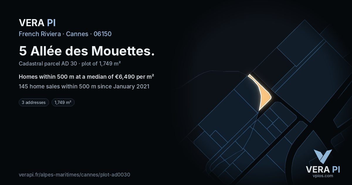 5 Allée des Mouettes, Cannes at night – the plot lit, the parcels around coloured by the prices near them
