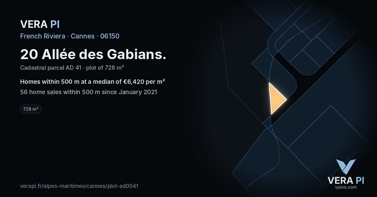 20 Allée des Gabians, Cannes at night – the plot lit, the parcels around coloured by the prices near them