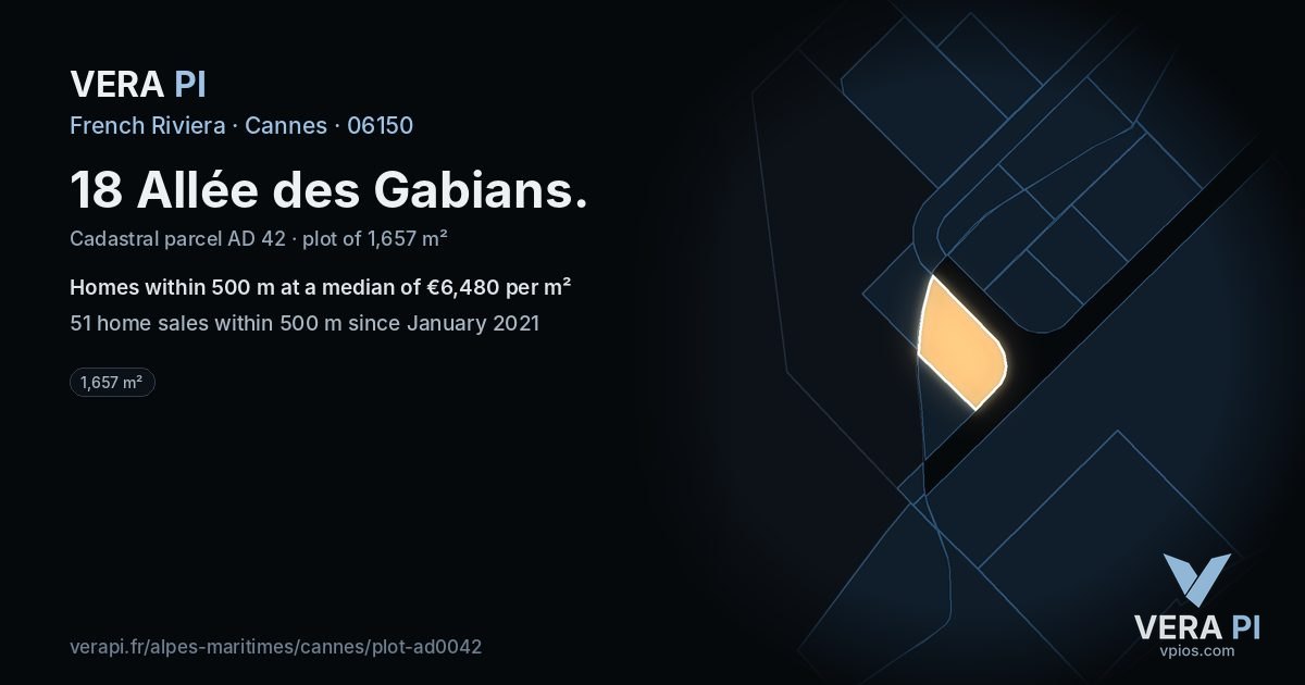 18 Allée des Gabians, Cannes at night – the plot lit, the parcels around coloured by the prices near them