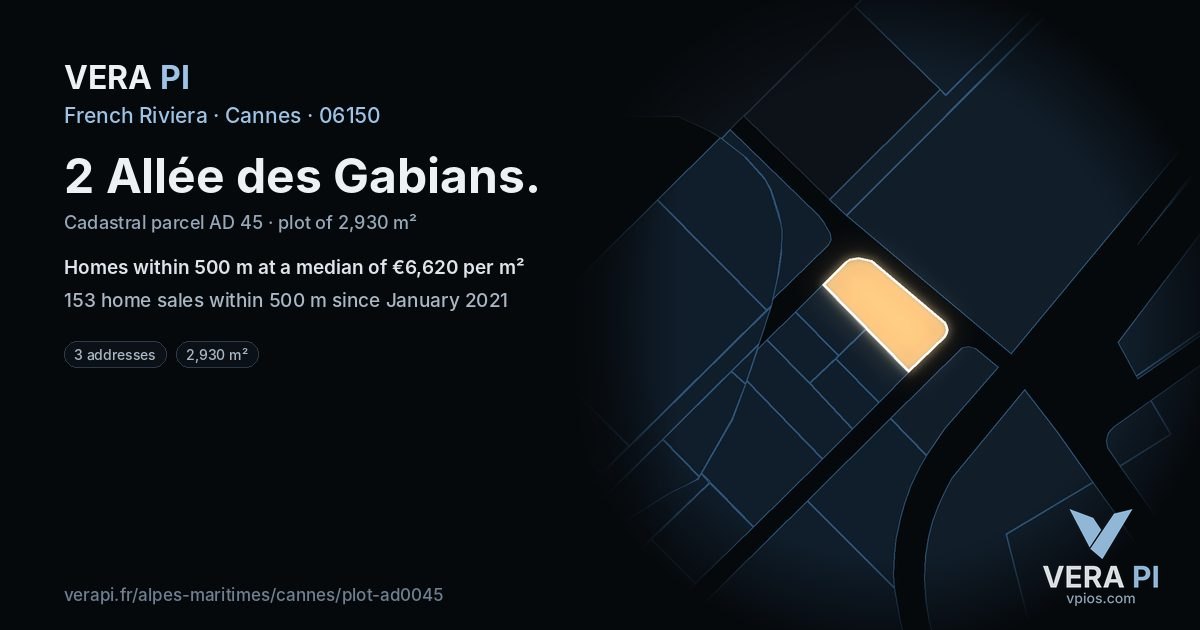 2 Allée des Gabians, Cannes at night – the plot lit, the parcels around coloured by the prices near them