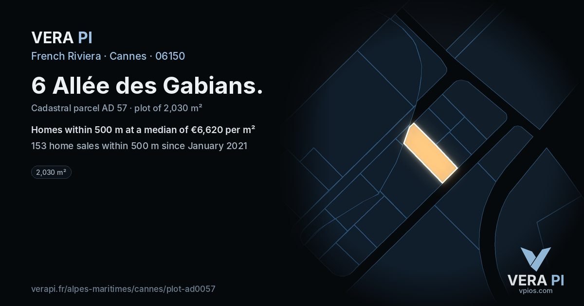 6 Allée des Gabians, Cannes at night – the plot lit, the parcels around coloured by the prices near them