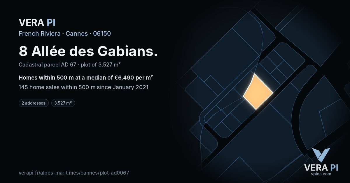 8 Allée des Gabians, Cannes at night – the plot lit, the parcels around coloured by the prices near them