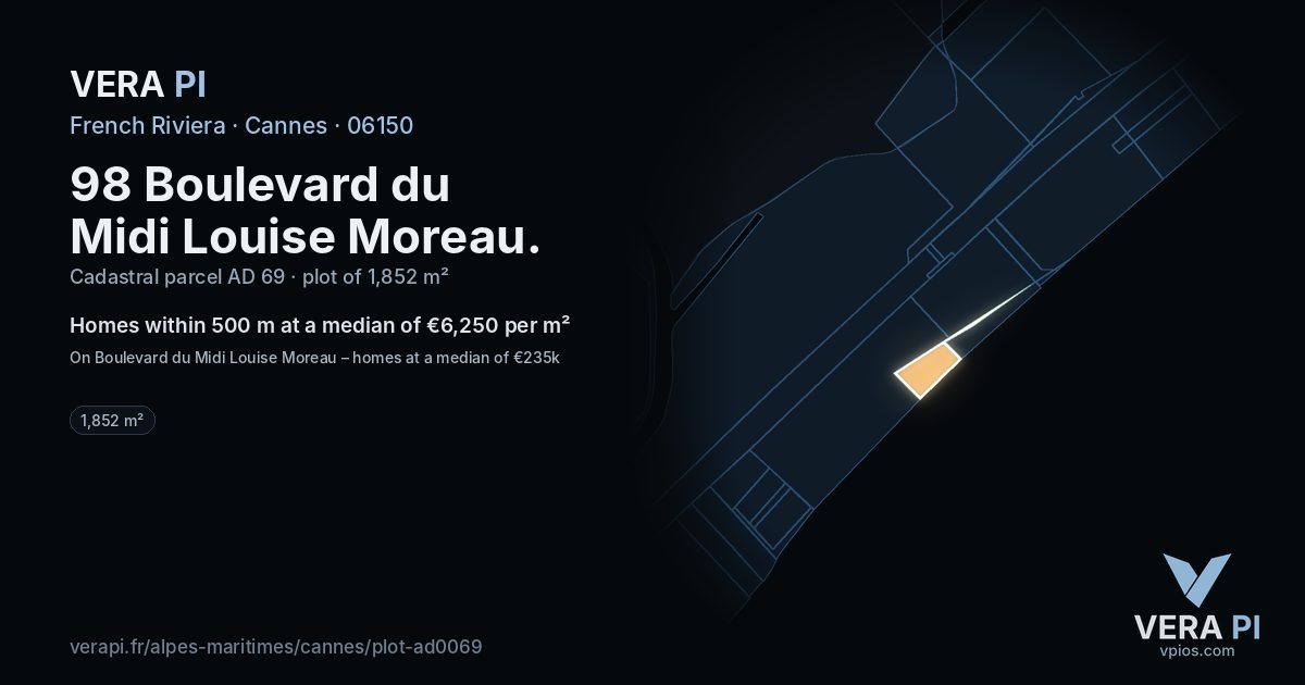 98 Boulevard du Midi Louise Moreau, Cannes at night – the plot lit, the parcels around coloured by the prices near them