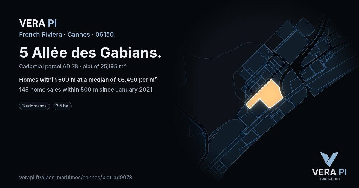 5 Allée des Gabians, Cannes at night – the plot lit, the parcels around coloured by the prices near them