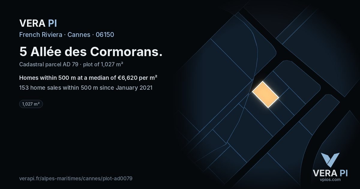 5 Allée des Cormorans, Cannes at night – the plot lit, the parcels around coloured by the prices near them